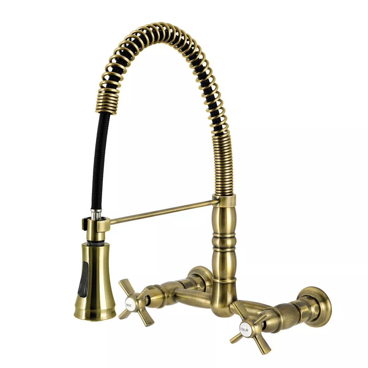 Kingston Tulare GS1243ZX - Millennium Double-Handle 2-Hole Wall-Mount Pre-Rinse Bridge Kitchen Faucet, Antique Brass