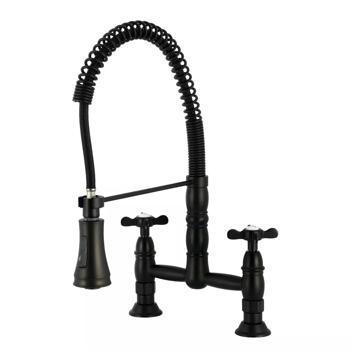 Kingston Tulare GS1270BEX - Essex Double-Handle 2-Hole Deck-Mount Pre-Rinse Bridge Kitchen Faucet, Matte Black